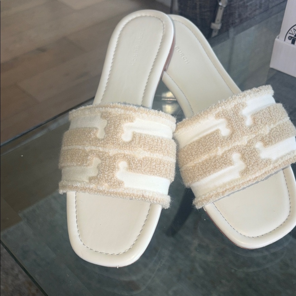 TORY BURCH White and Tan Slide Sandals size 7 1/2